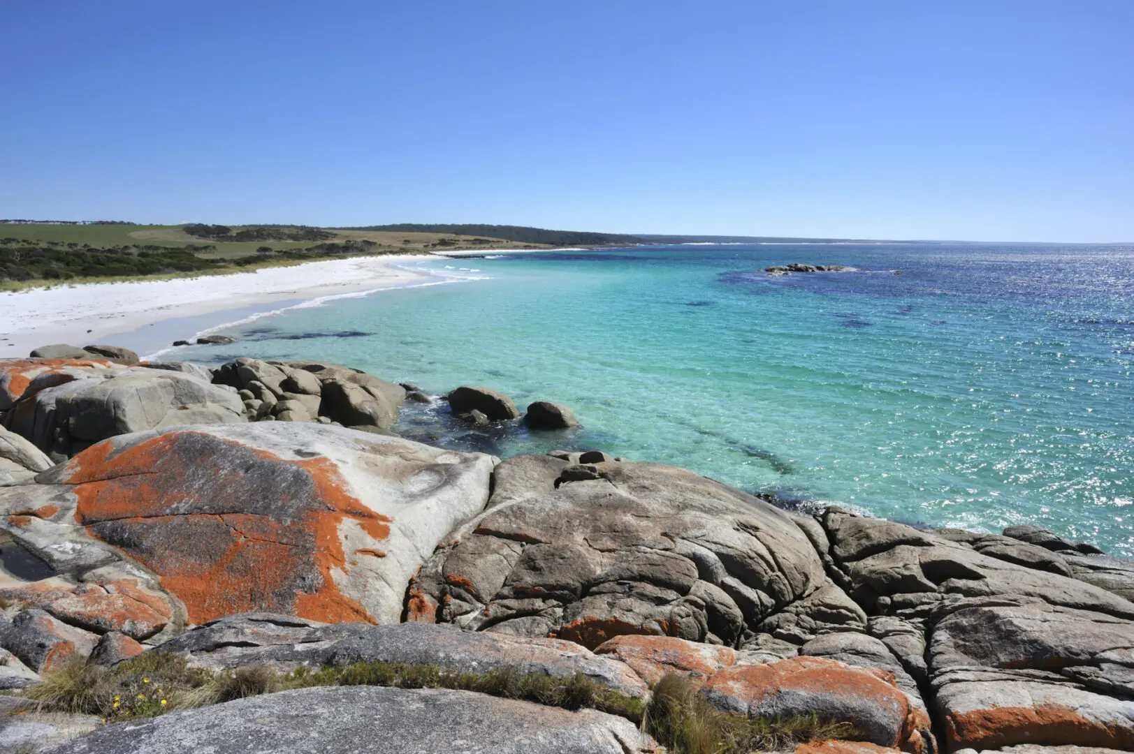 A beach with many rocks and water